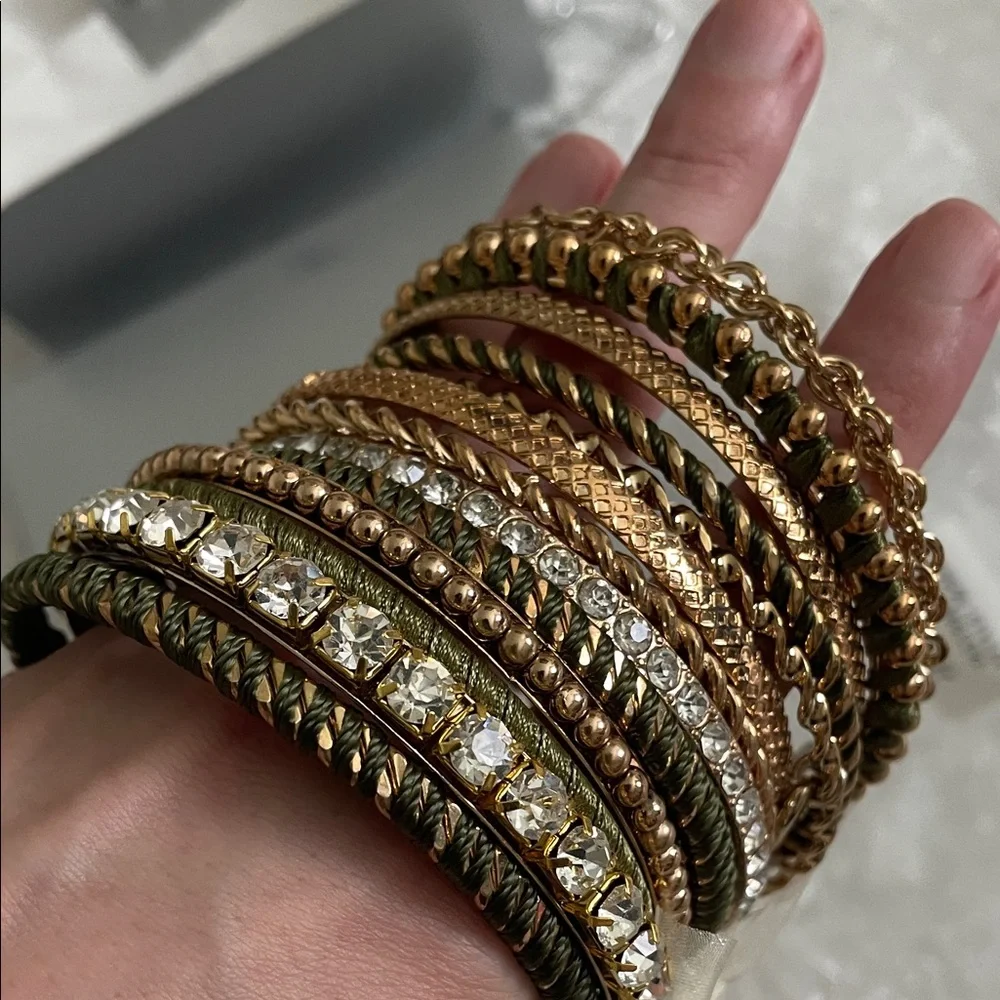 NWT Neiman Marcus 13 bangle bracelet set gold crystal olive green